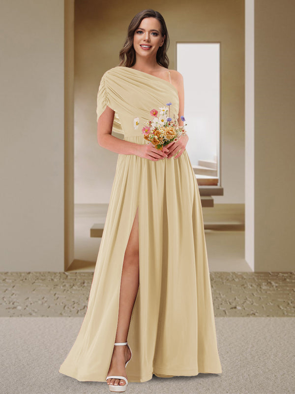 A-Line/Princess One-Shoulder Ruched Satin Bridesmaid Dresses with Side Slit
