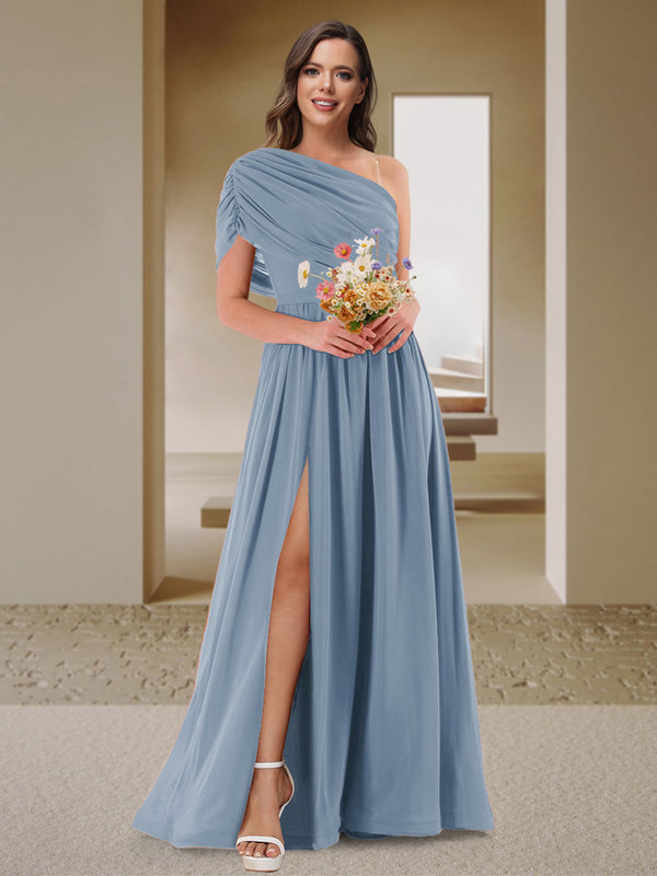 A-Line/Princess One-Shoulder Ruched Satin Bridesmaid Dresses with Side Slit