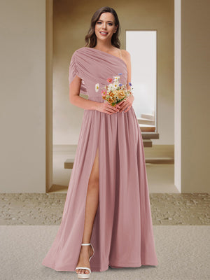 A-Line/Princess One-Shoulder Ruched Satin Bridesmaid Dresses with Side Slit
