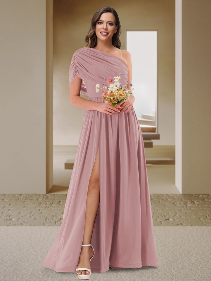 A-Line/Princess One-Shoulder Ruched Satin Bridesmaid Dresses with Side Slit