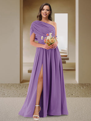 A-Line/Princess One-Shoulder Ruched Satin Bridesmaid Dresses with Side Slit