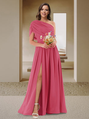 A-Line/Princess One-Shoulder Ruched Satin Bridesmaid Dresses with Side Slit