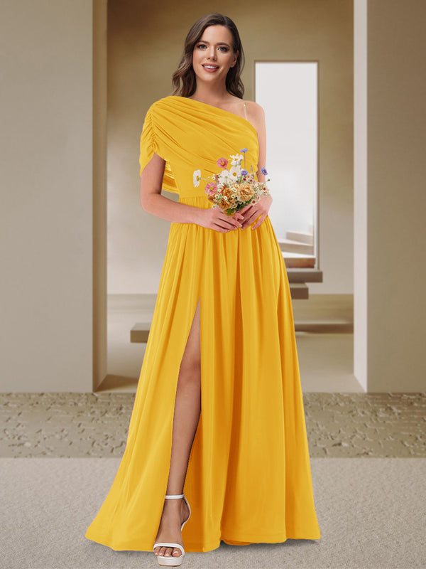 A-Line/Princess One-Shoulder Ruched Satin Bridesmaid Dresses with Side Slit