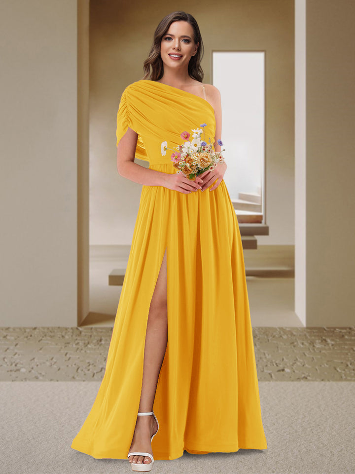 A-Line/Princess One-Shoulder Ruched Satin Bridesmaid Dresses with Side Slit
