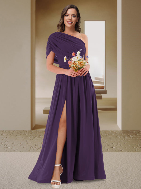 A-Line/Princess One-Shoulder Ruched Satin Bridesmaid Dresses with Side Slit