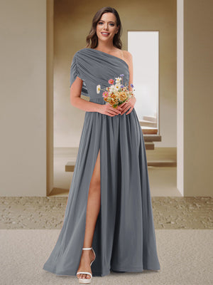 A-Line/Princess One-Shoulder Ruched Satin Bridesmaid Dresses with Side Slit