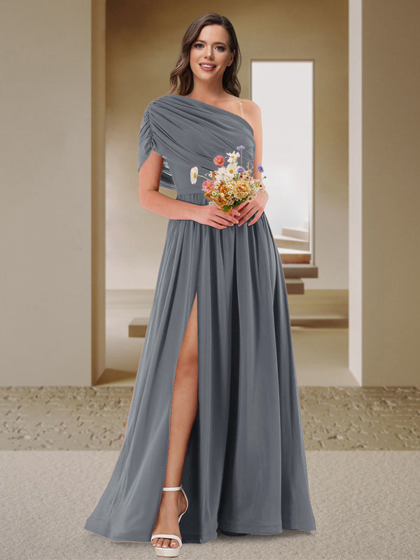 A-Line/Princess One-Shoulder Ruched Satin Bridesmaid Dresses with Side Slit