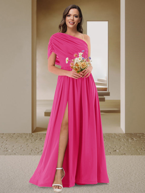 A-Line/Princess One-Shoulder Ruched Satin Bridesmaid Dresses with Side Slit