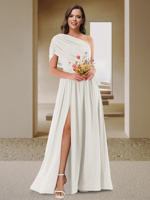 A-Line/Princess One-Shoulder Ruched Satin Bridesmaid Dresses with Side Slit