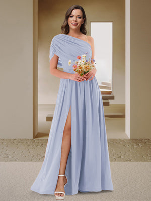 A-Line/Princess One-Shoulder Ruched Satin Bridesmaid Dresses with Side Slit