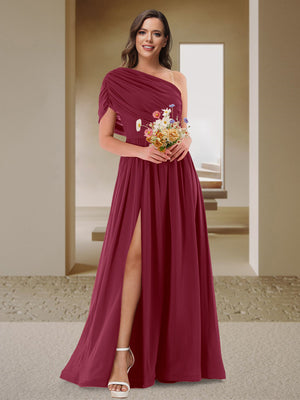 A-Line/Princess One-Shoulder Ruched Satin Bridesmaid Dresses with Side Slit