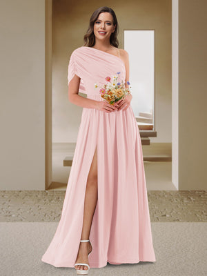 A-Line/Princess One-Shoulder Ruched Satin Bridesmaid Dresses with Side Slit