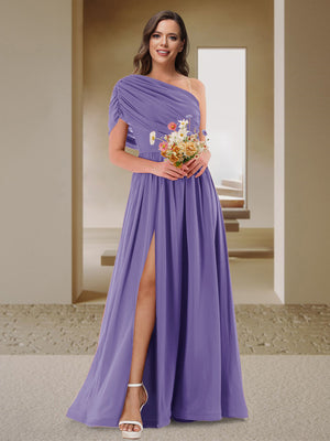 A-Line/Princess One-Shoulder Ruched Satin Bridesmaid Dresses with Side Slit