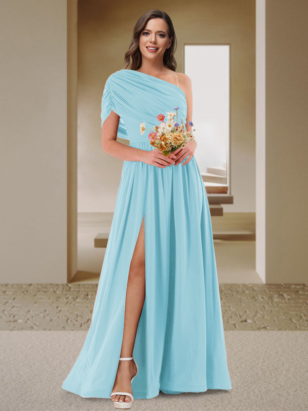 A-Line/Princess One-Shoulder Ruched Satin Bridesmaid Dresses with Side Slit