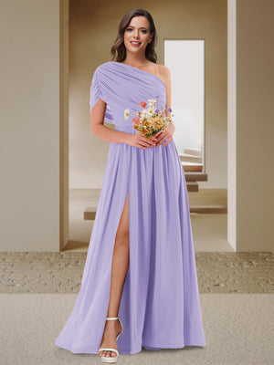 A-Line/Princess One-Shoulder Ruched Satin Bridesmaid Dresses with Side Slit