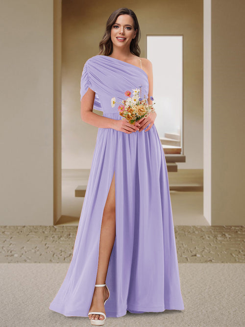 A-Line/Princess One-Shoulder Ruched Satin Bridesmaid Dresses with Side Slit