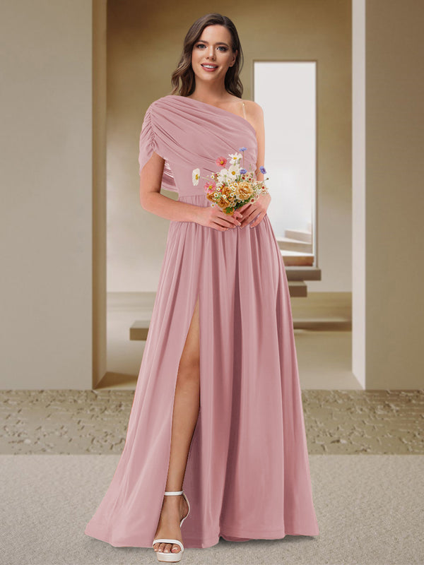 A-Line/Princess One-Shoulder Ruched Satin Bridesmaid Dresses with Side Slit