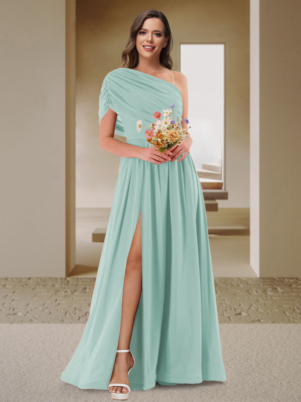 A-Line/Princess One-Shoulder Ruched Satin Bridesmaid Dresses with Side Slit