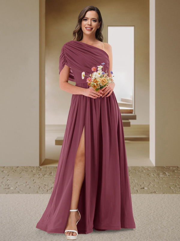 A-Line/Princess One-Shoulder Ruched Satin Bridesmaid Dresses with Side Slit
