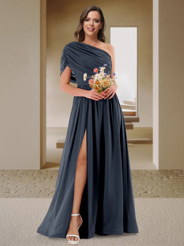 A-Line/Princess One-Shoulder Ruched Satin Bridesmaid Dresses with Side Slit