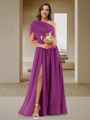 A-Line/Princess One-Shoulder Ruched Satin Bridesmaid Dresses with Side Slit