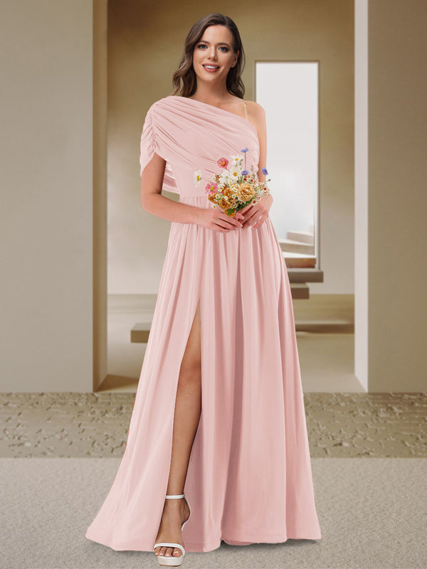 A-Line/Princess One-Shoulder Ruched Satin Bridesmaid Dresses with Side Slit