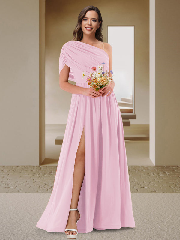 A-Line/Princess One-Shoulder Ruched Satin Bridesmaid Dresses with Side Slit