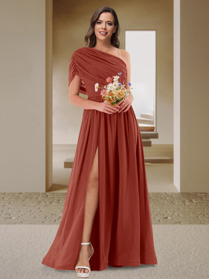 A-Line/Princess One-Shoulder Ruched Satin Bridesmaid Dresses with Side Slit