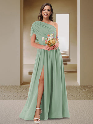 A-Line/Princess One-Shoulder Ruched Satin Bridesmaid Dresses with Side Slit