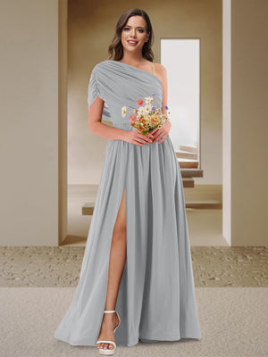 A-Line/Princess One-Shoulder Ruched Satin Bridesmaid Dresses with Side Slit