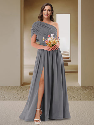 A-Line/Princess One-Shoulder Ruched Satin Bridesmaid Dresses with Side Slit