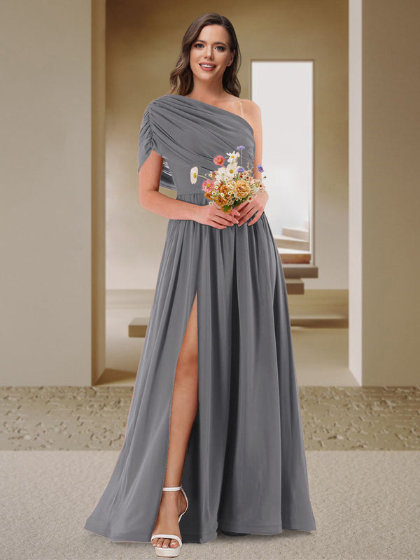 A-Line/Princess One-Shoulder Ruched Satin Bridesmaid Dresses with Side Slit