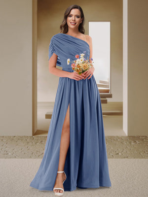 A-Line/Princess One-Shoulder Ruched Satin Bridesmaid Dresses with Side Slit