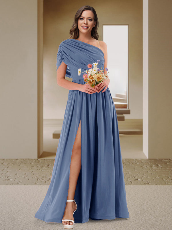 A-Line/Princess One-Shoulder Ruched Satin Bridesmaid Dresses with Side Slit