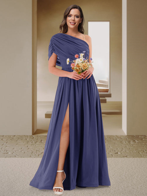 A-Line/Princess One-Shoulder Ruched Satin Bridesmaid Dresses with Side Slit