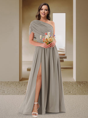 A-Line/Princess One-Shoulder Ruched Satin Bridesmaid Dresses with Side Slit