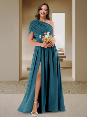 A-Line/Princess One-Shoulder Ruched Satin Bridesmaid Dresses with Side Slit
