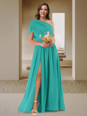 A-Line/Princess One-Shoulder Ruched Satin Bridesmaid Dresses with Side Slit