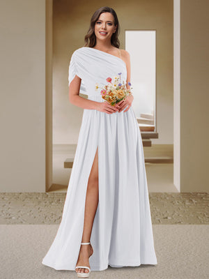 A-Line/Princess One-Shoulder Ruched Satin Bridesmaid Dresses with Side Slit