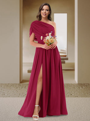 A-Line/Princess One-Shoulder Ruched Satin Bridesmaid Dresses with Side Slit
