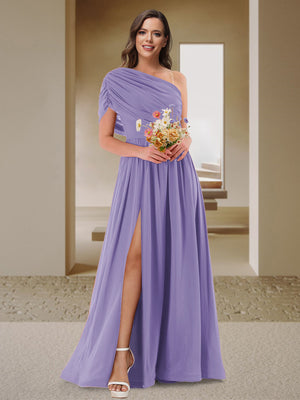A-Line/Princess One-Shoulder Ruched Satin Bridesmaid Dresses with Side Slit