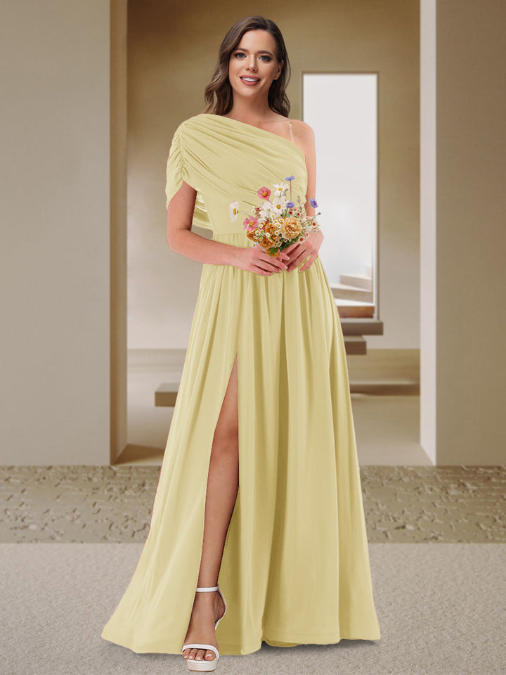 A-Line/Princess One-Shoulder Ruched Satin Bridesmaid Dresses with Side Slit