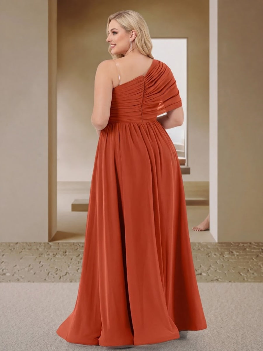 A-Line/Princess One-Shoulder Ruched Satin Plus Size Bridesmaid Dresses with Side Slit