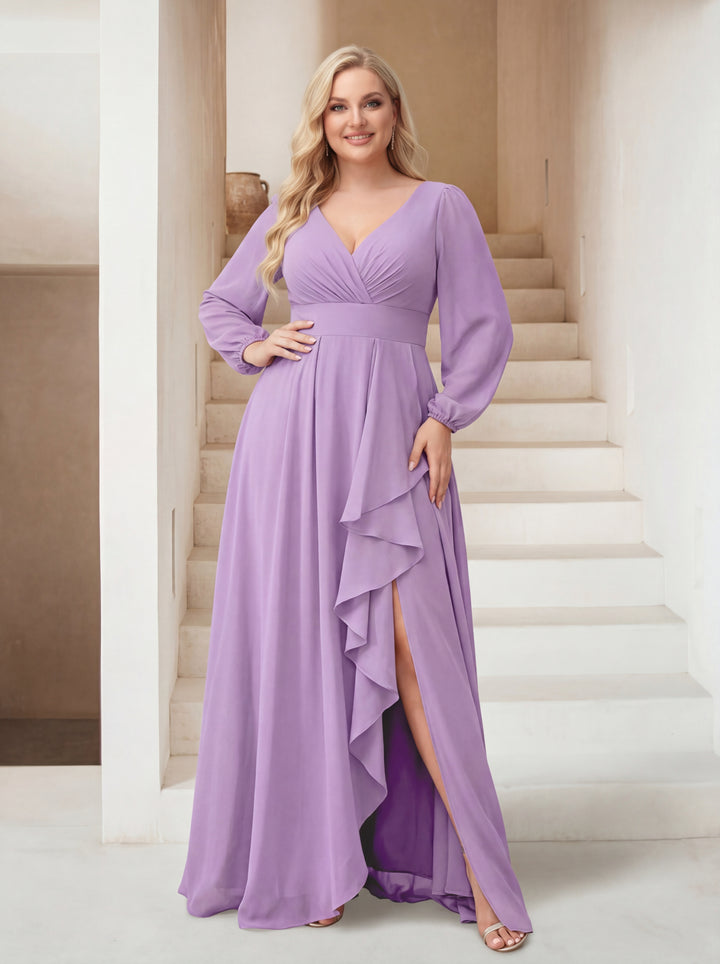 A-Line/Princess V-Neck Asymmetrical Plus Size Bridesmaid Dresses with Split Side