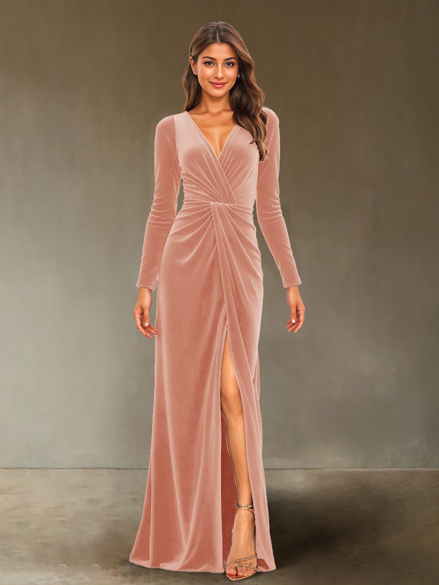 Sheath/Column V-Neck Long Sleeves Velvet Ruched Evening Dresses with Side Slit