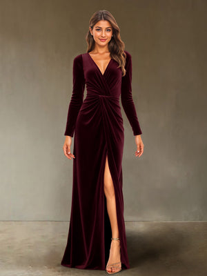 Sheath/Column V-Neck Long Sleeves Velvet Ruched Evening Dresses with Side Slit