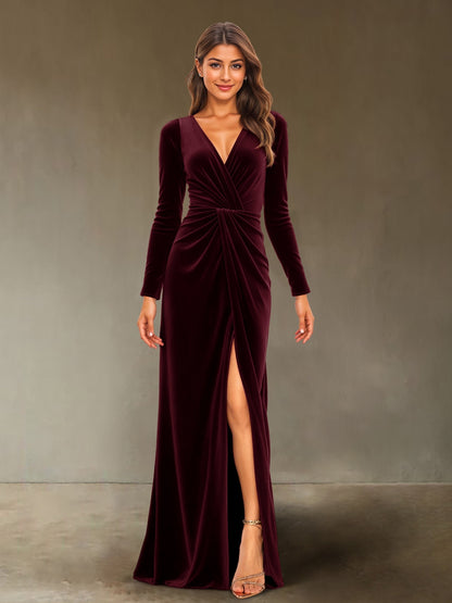 Sheath/Column V-Neck Long Sleeves Velvet Ruched Evening Dresses with Side Slit