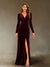 Sheath/Column V-Neck Long Sleeves Velvet Ruched Evening Dresses with Side Slit