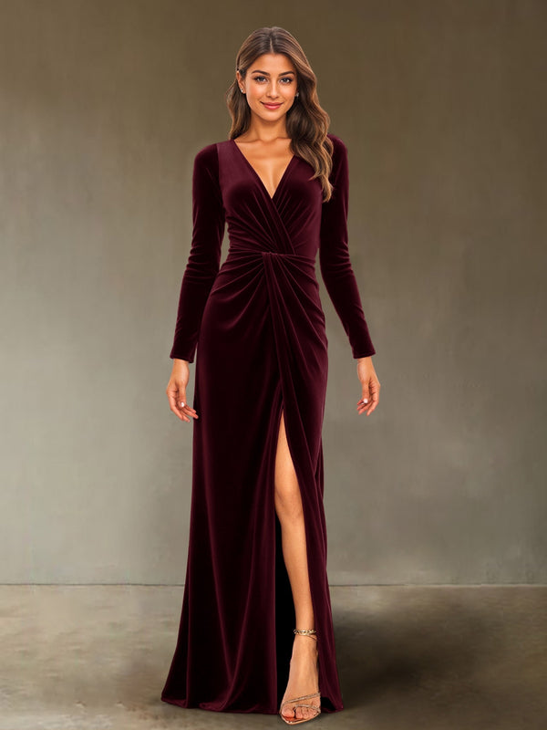 Sheath/Column V-Neck Long Sleeves Velvet Ruched Evening Dresses with Side Slit