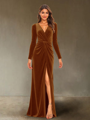 Sheath/Column V-Neck Long Sleeves Velvet Ruched Evening Dresses with Side Slit